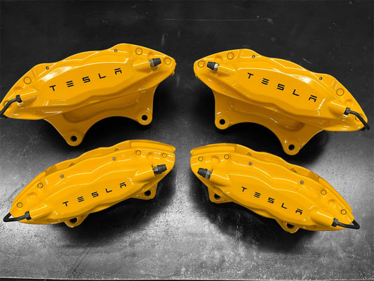 2012–2016 Tesla Model S OEM Brembo Front & Rear Brake Calipers Set – Powder Coated Yellow (LH & RH)