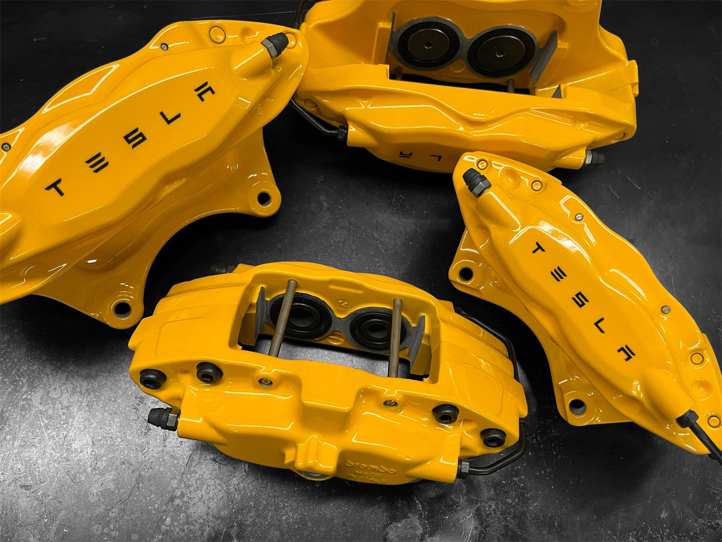 2012–2016 Tesla Model S OEM Brembo Front & Rear Brake Calipers Set – Powder Coated Yellow (LH & RH)