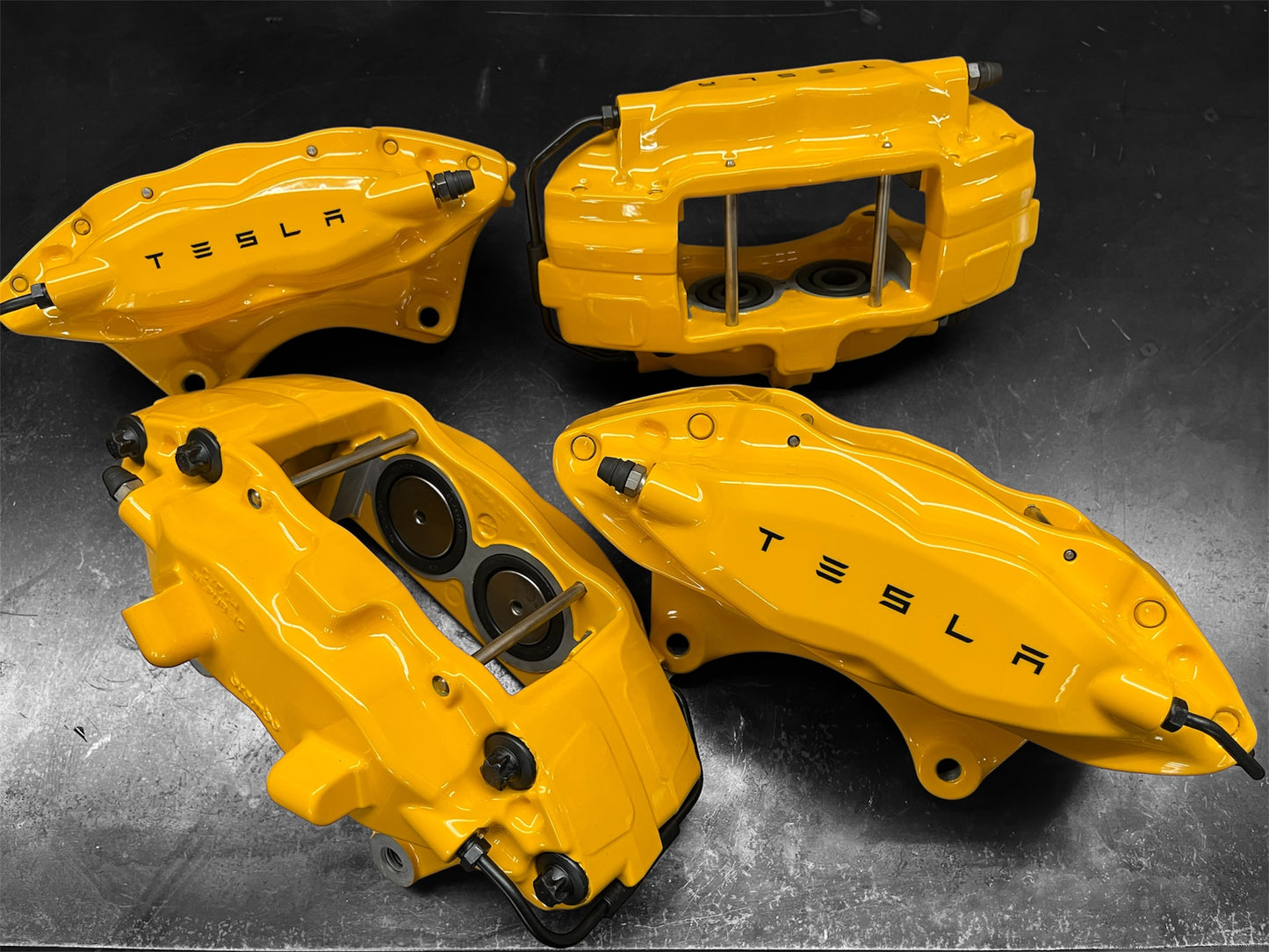 2012–2016 Tesla Model S OEM Brembo Front & Rear Brake Calipers Set – Powder Coated Yellow (LH & RH)