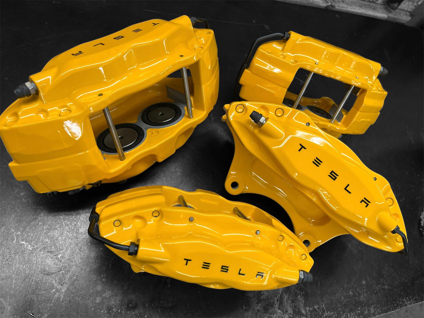 2012–2016 Tesla Model S OEM Brembo Front & Rear Brake Calipers Set – Powder Coated Yellow (LH & RH)