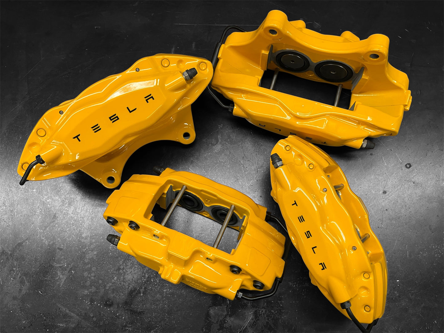 2012–2016 Tesla Model S OEM Brembo Front & Rear Brake Calipers Set – Powder Coated Yellow (LH & RH)