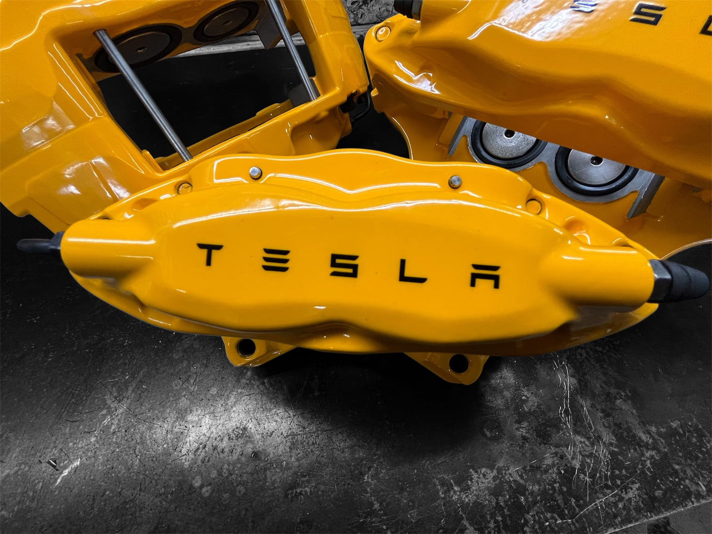 2012–2016 Tesla Model S OEM Brembo Front & Rear Brake Calipers Set – Powder Coated Yellow (LH & RH)