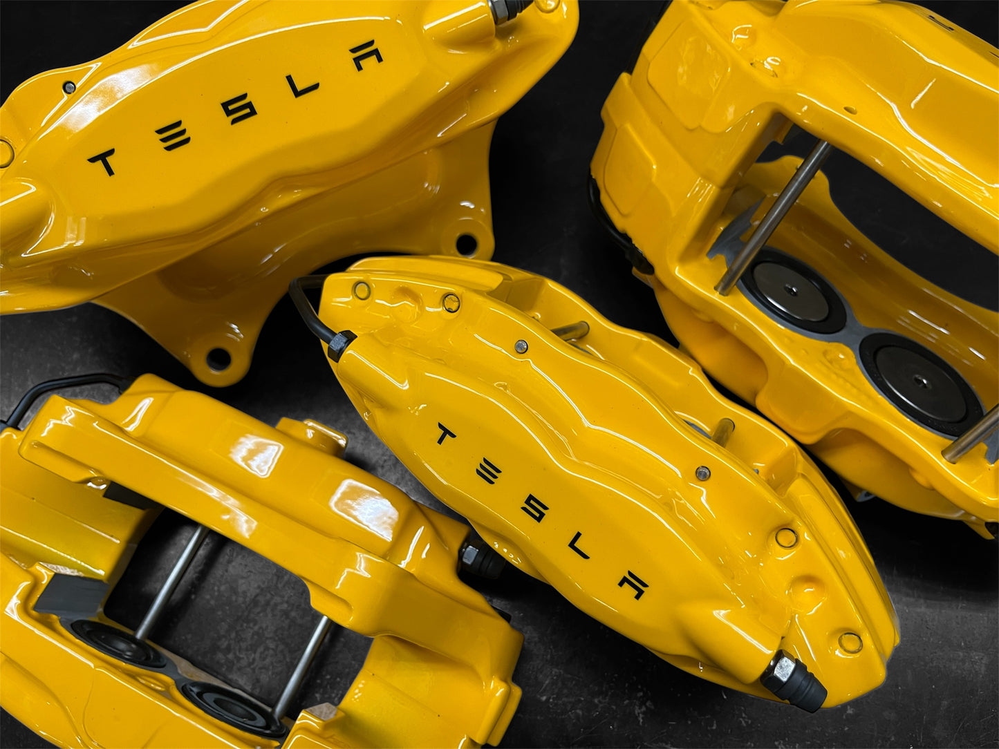 2012–2016 Tesla Model S OEM Brembo Front & Rear Brake Calipers Set – Powder Coated Yellow (LH & RH)