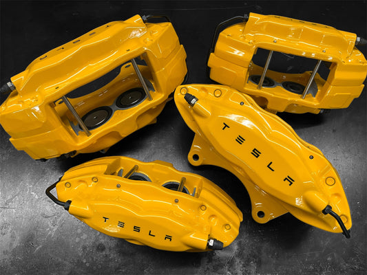 2012–2016 Tesla Model S OEM Brembo Front & Rear Brake Calipers Set – Powder Coated Yellow (LH & RH)